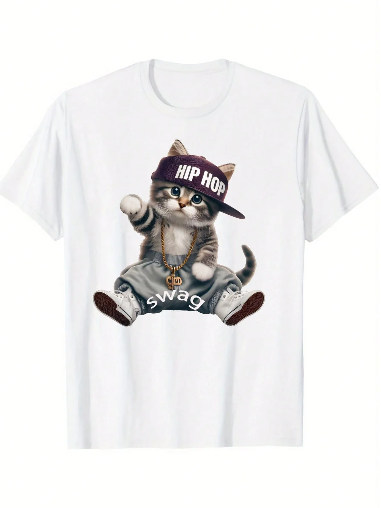 

Hip Hop Swag Kitten Graphic Tee Cotton Round Neck Short Sleeve T-Shirt for Men Casual