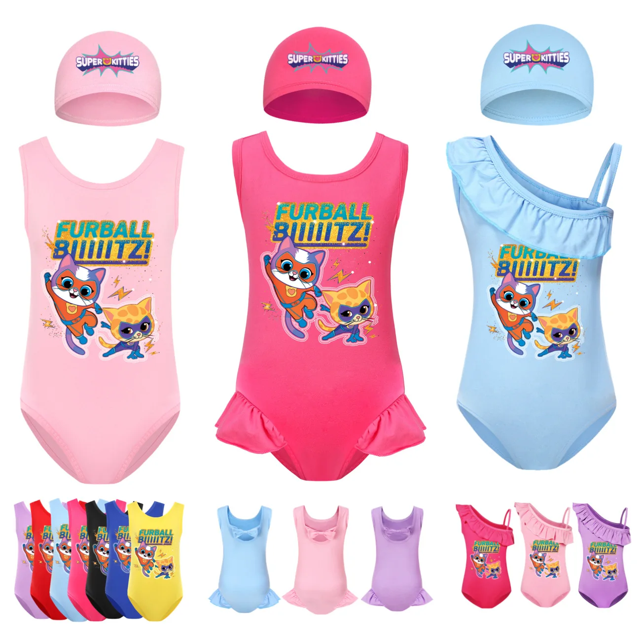 Superkitties Swimwear Kids One Piece BeachWear with Cap 2pcs Sets Toddler Girls Swimsuit Children Summer Sleeveless Swimming