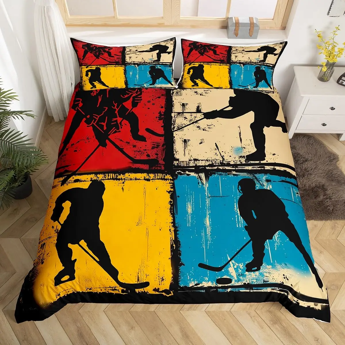 Ice Hockey Duvet Cover Sports Game Athlete Hockey Stick Silhouette Bedding Set Sportin Blue Yellow Grids Patchwork Quilt Cover