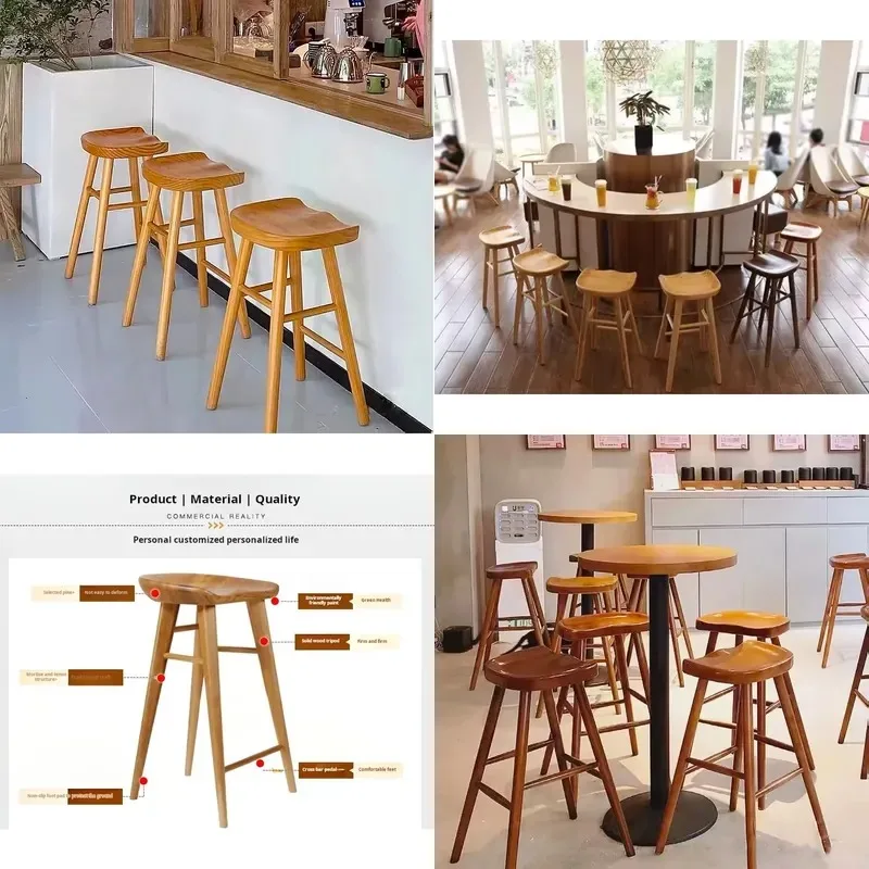 Solid Wood Stool High Chair for Bar Dining Milk Tea Shop Front Desk