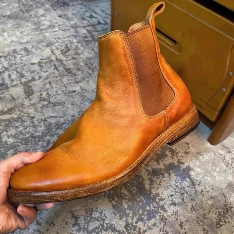 

Handmade Shoes Men Chelsea Boots Cowhide Outdoor Casual Work Motorcycle Boots Male Genuine Leather Vintage Ankle Boots Youth