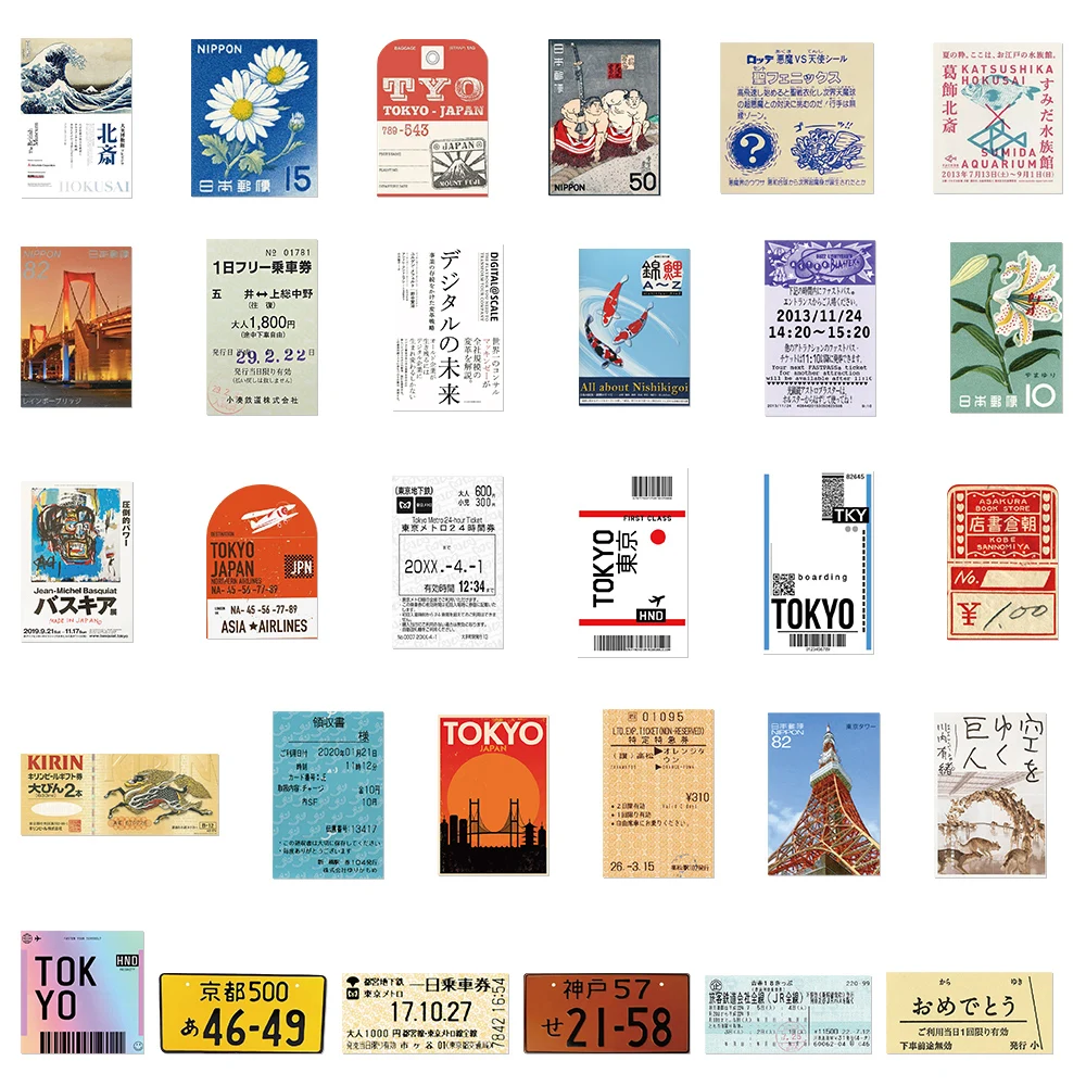 60PCS INS Style Stamp Sticker Japanese Postcard Ticket  Stationery Travel Diary Luggage Waterproof Helmet  Stickers