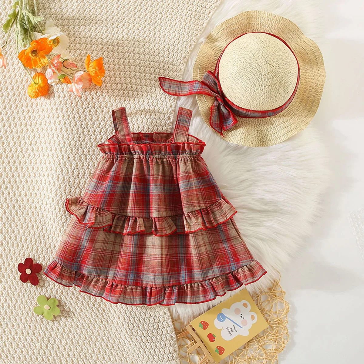 2Pcs/SetGirl\'s Dress Summer New Children\'s French Sweet Sling Dress Little Girl Red Checkered Cake Dress Comes with Hat