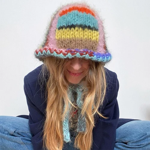 여성용 스트라이프 귀 보호대 바라클라바 모자, 겨울 핸드 크로 셰 뜨개질, 대비 색상, 넥타이 풀오버, 비니 모자, 새로운 색상 