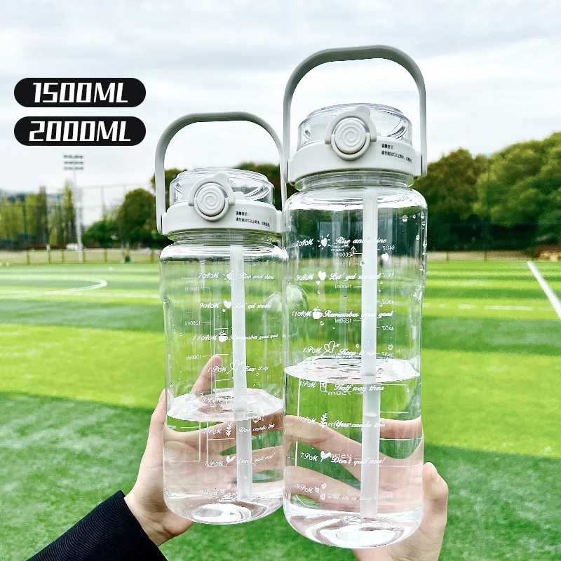 

Summer 2L Plastic Kettle Large Portable Travel Water Bottle With Straw Sports Fitness Cup High Value Big Fat Cup Adult Universal