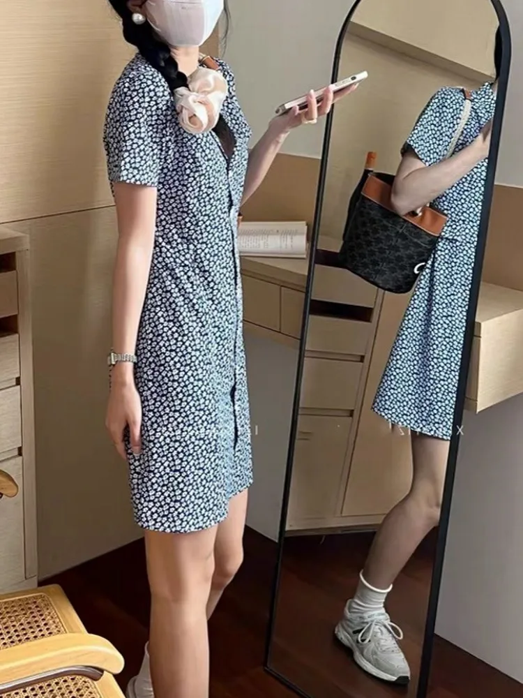 Ele Bloemen V-Ne ort Sve Chiffon Dr Dames Zomerontwerp Afslankende irt Dr A-lijn Rok Enkele knoopsluiting