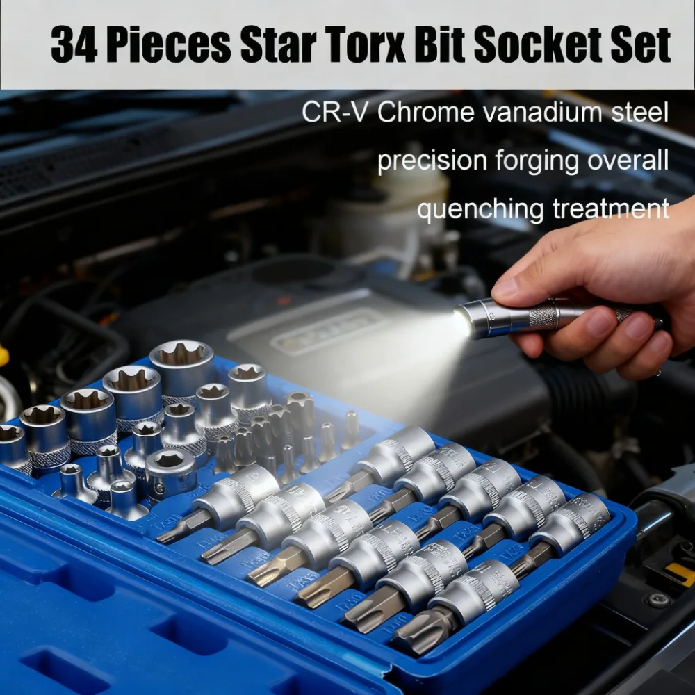 

34-комплект приводных бит Torx и набор звездочек E-Torx, Cr-V E4-20, T10-T60, защита от несанкционированного доступа T10-T55, адаптер с футляром для хранения