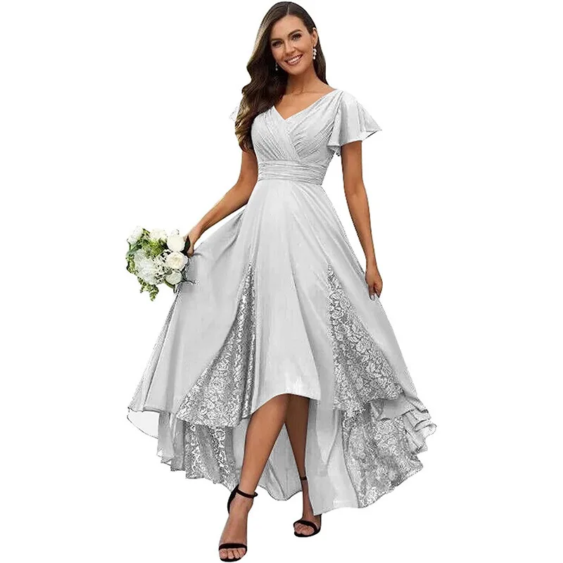 Vestidos para madre de la novia con cuello en V, apliques de encaje con volantes, vestido de fiesta de noche Formal para dama de honor, vestido de invitados de boda de manga corta