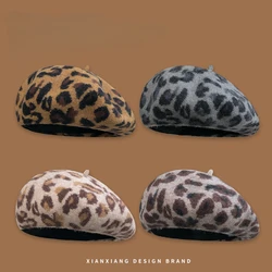 Autumn and Winter Leopard Print Wool Beret Women's Fashion Versatile American Retro British Literary and Warm Painter Hat