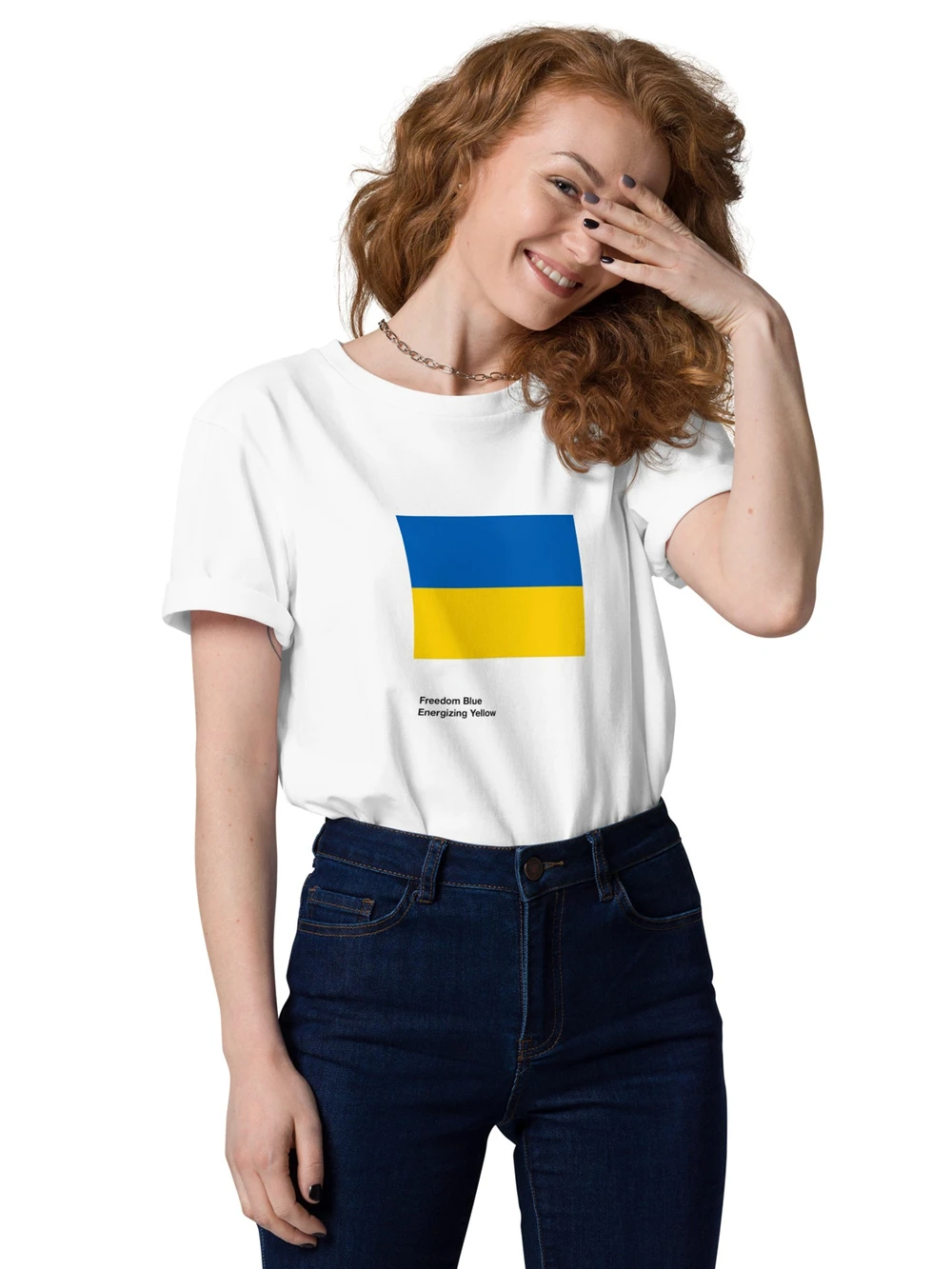 Blue Energizing Yellow Women Tee Shirt Ukrainian Flag Freedom Unisex Organic Printed Cotton T-Shirt in White