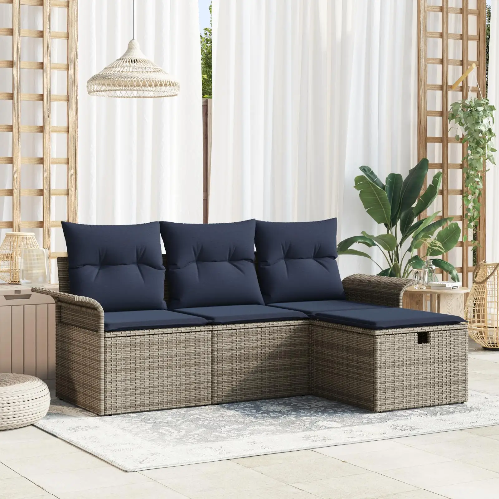 

4 Piece Outdoor Patio Sofa Set with Soft Cushions Grey Poly Rattan Furniture