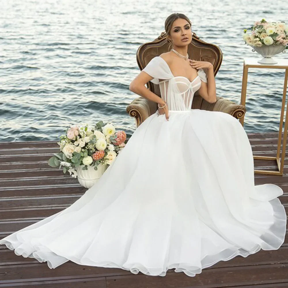 Organza Beach Wedding Dress 2024 For Women Sweethearts Bone Corset Ruched Robe De Mariee Elegant A Line Bridal Dresses in stock