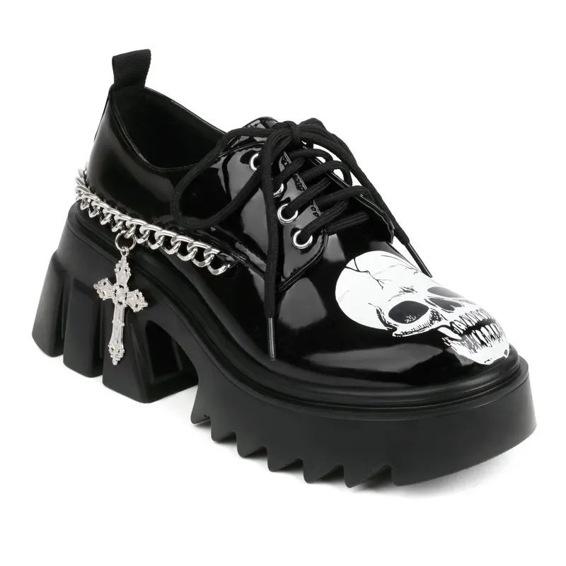 

Jk Leather Shoes With Thick Soles Thick Heels Super High Heels Patent Leather Front Lace Up Sponge Sole Punk Skull Head&Cross