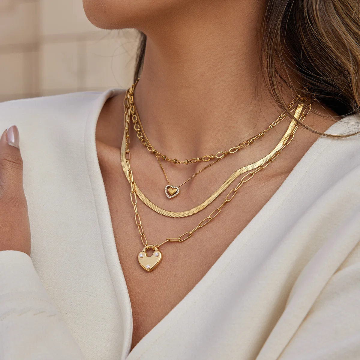 Clean Girl Pre-stacked Heart Lock Snake Chain Layered Necklace,Waterproof Non-Fading 18K Gold Stainless Steel,Love Jewelry Gift