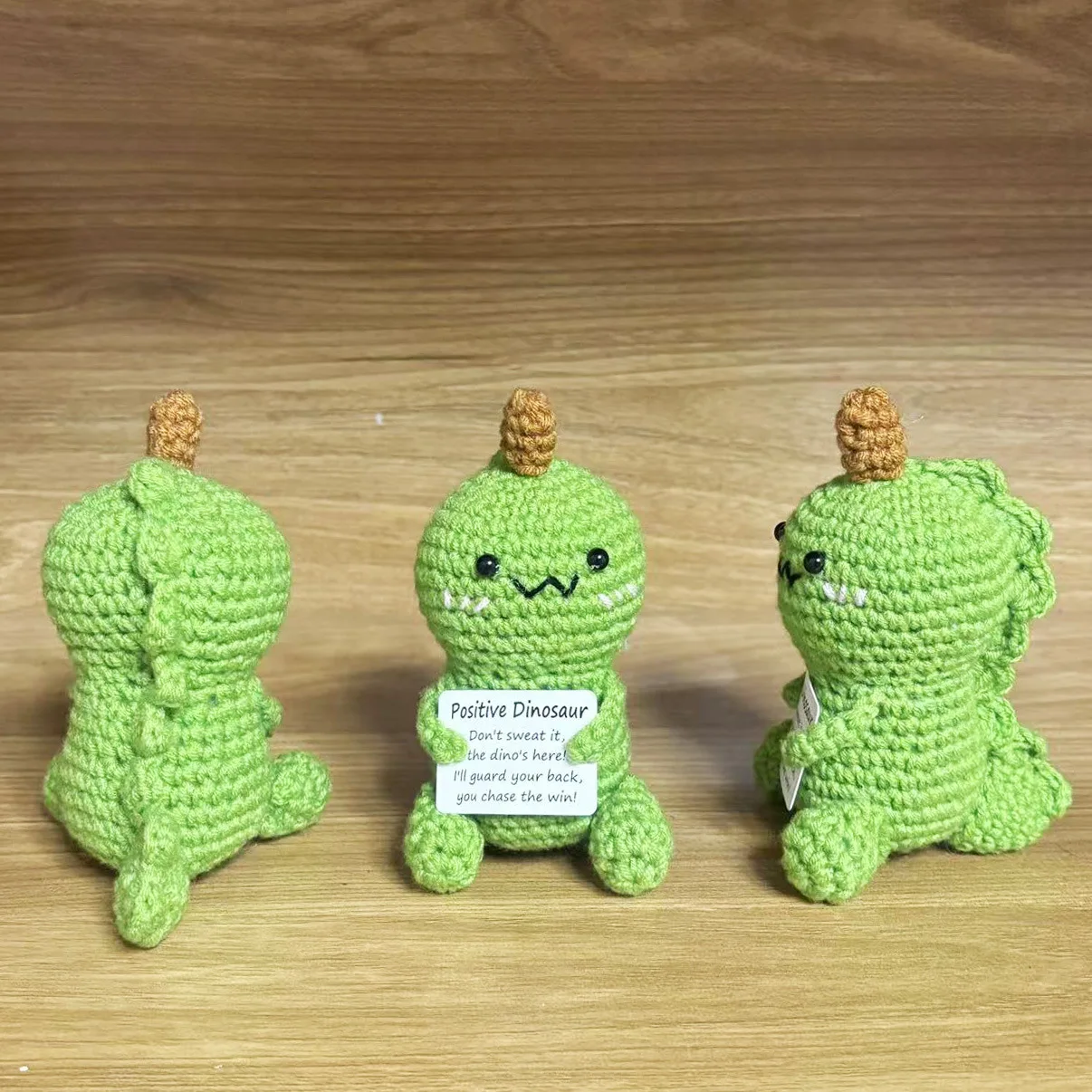 Funny Positive Crochet Dinosaur with Encouraging Card Home Room Decor Handmade Knitted Dinosaur Desktop Ornament Christmas Gifts
