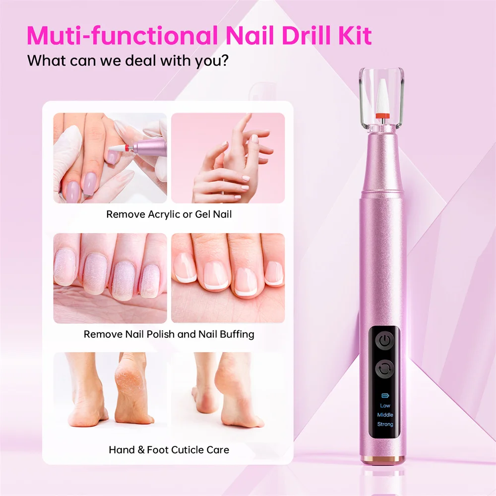 Electric Nail Drill Machine for Acrylic Gel Nails Manicure Pedicure Nail Polishing Tools Home Salon USB Rechargeable