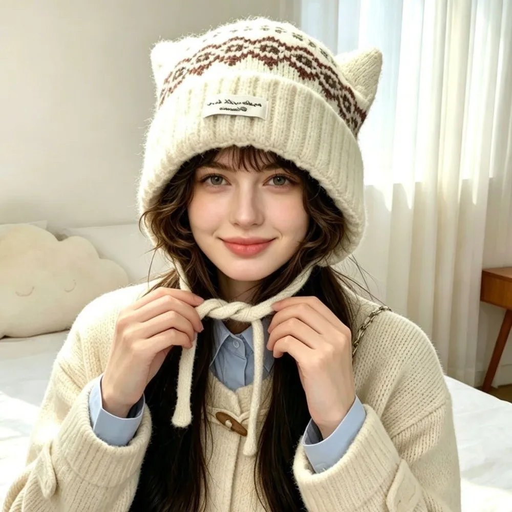 Cat Ear Knitted Woolen Cap Thickened Windproof Ear Protection Cap Fell Island Style Keep Warm Winter Pullover Hat
