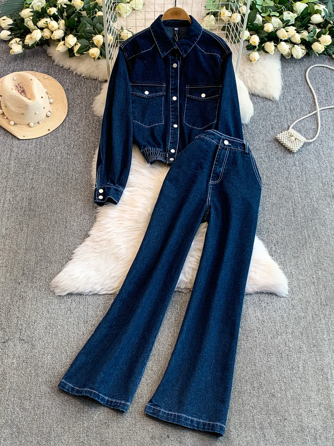 

Retro Waed Denim Jaet Top plus High Waist Slim Wide Leg Flared Pants Two Piece Set for Women Casual Commute Sle