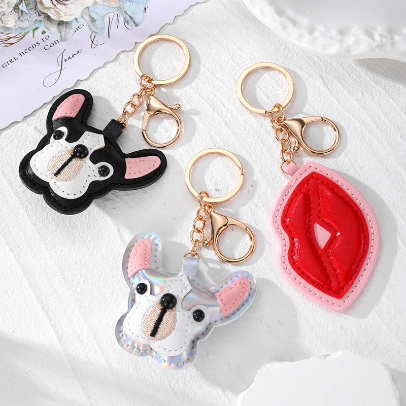 Leather French Bulldog Red Lips Keychains Keyring For Women Handmade Sexy Cute Animal Pet Pendant Car Holder Lady's Bag Ornament