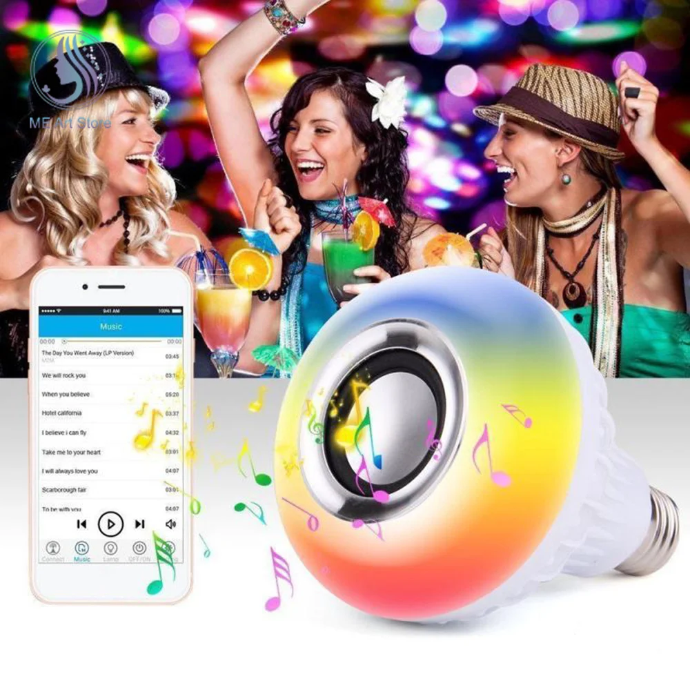 Bombilla LED inteligente E27 RGB con Bluetooth, lámpara de música, Control remoto inalámbrico con Audio, colorida, para escenario, fiesta en casa