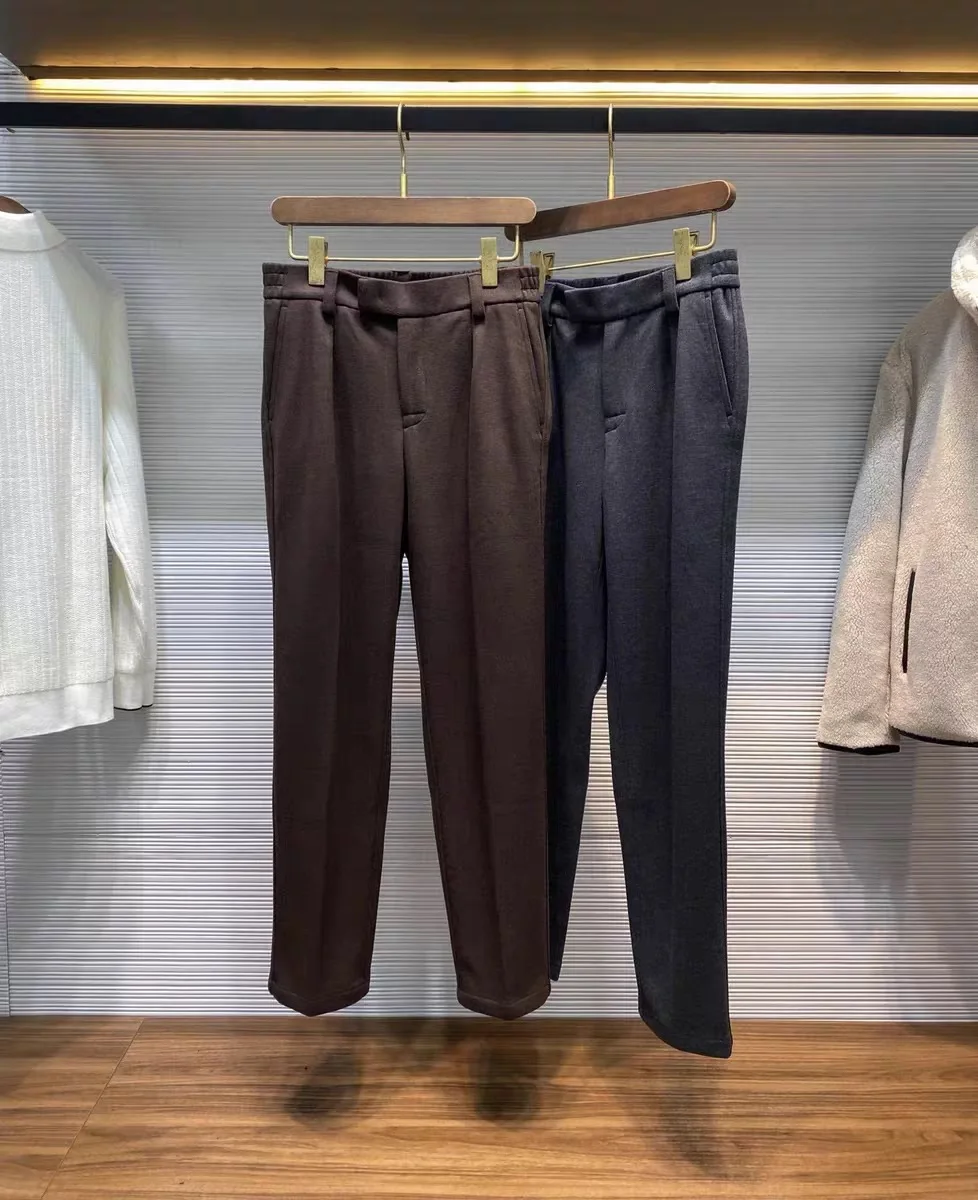 

Men's Autumn Winter Busin Casual Faion Air Layer Wool Blend Elastic Waist Straight Leg Casual Pants Straight Cut Trousers