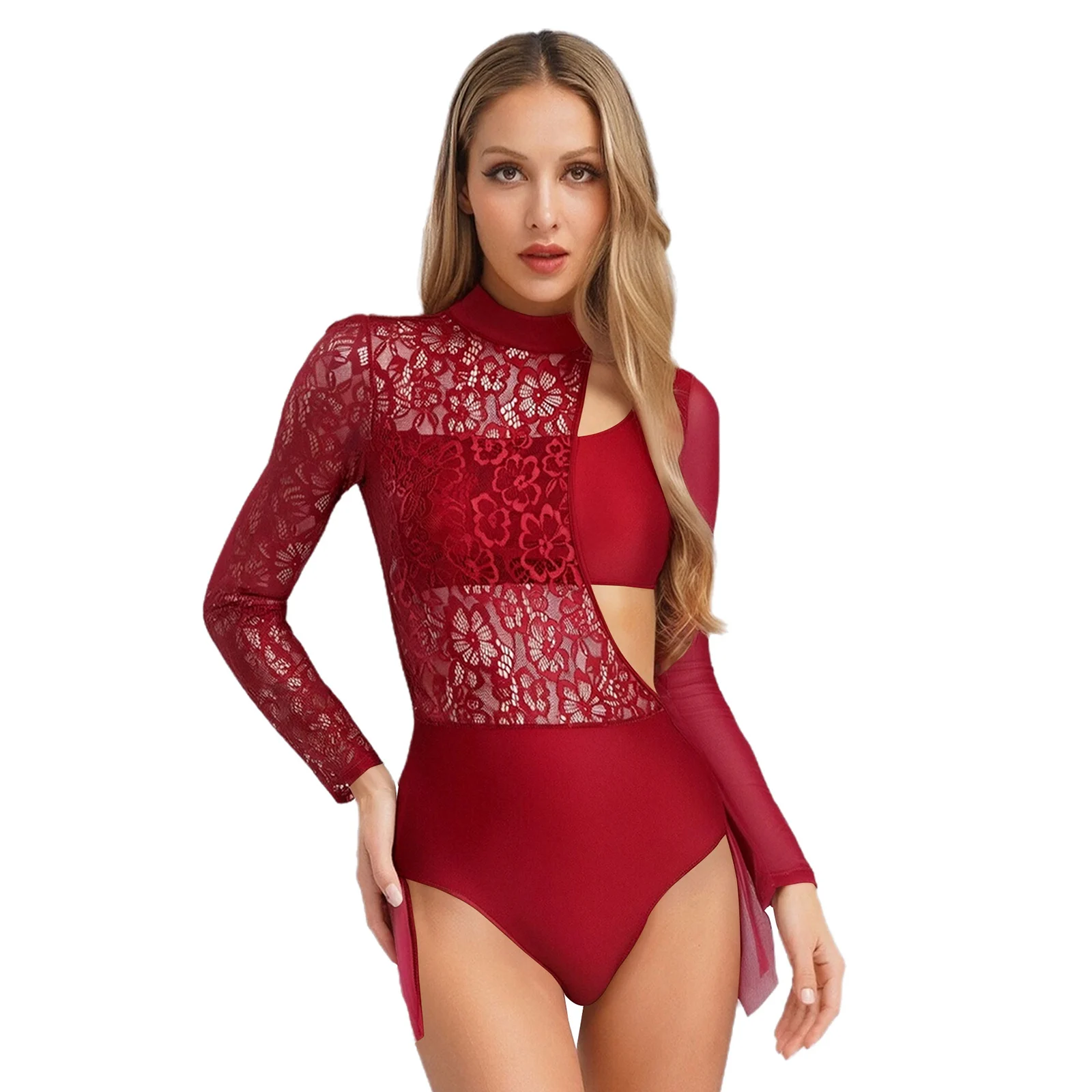

Women's Lyrical Ballet Waltz Modern Performance Skirted Leotard Long Sleeve Lace Patchwork Cutout Bodysuit for Ballet Dancewear