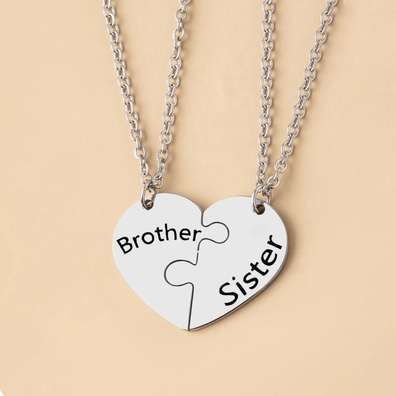 2 Pcs/Set Brother Sister Matching Necklace Stainless Steel Heart Puzzle Pendant Necklaces Family Jewelry Gifts