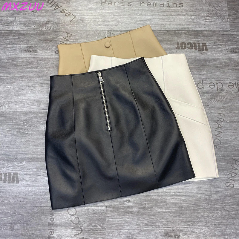 100% Leather Sexy Skirt Women High Waist Single Breasted Pocket A-line Jupe Short Mujer Sheepskin Gonne European Style Roupas