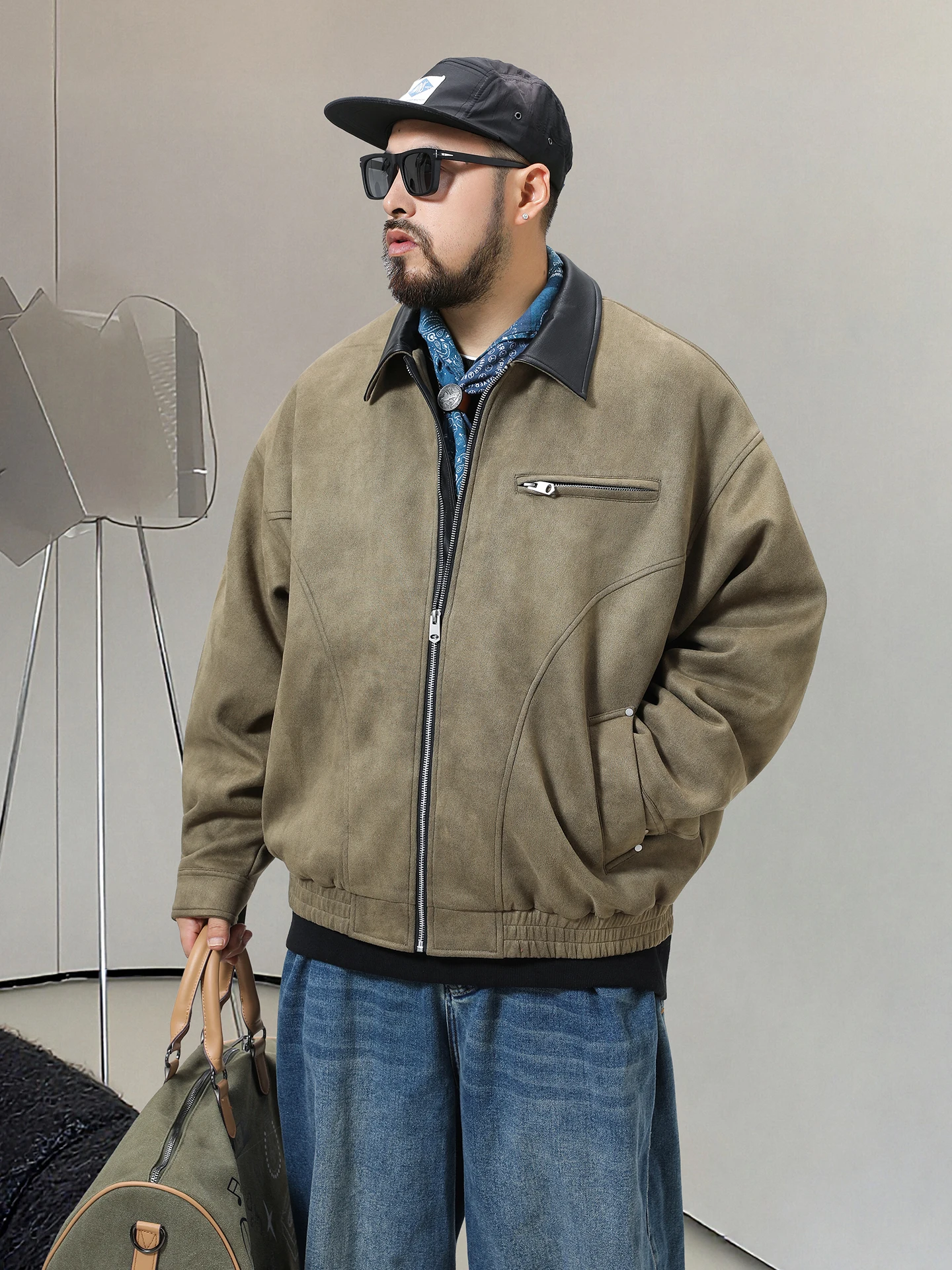 メンズ秋ジャケット大きいサイズアメリカンレトロスレカラースエードカジュアルトップコートジッパー開閉ロングスリーブポリエステル繊維