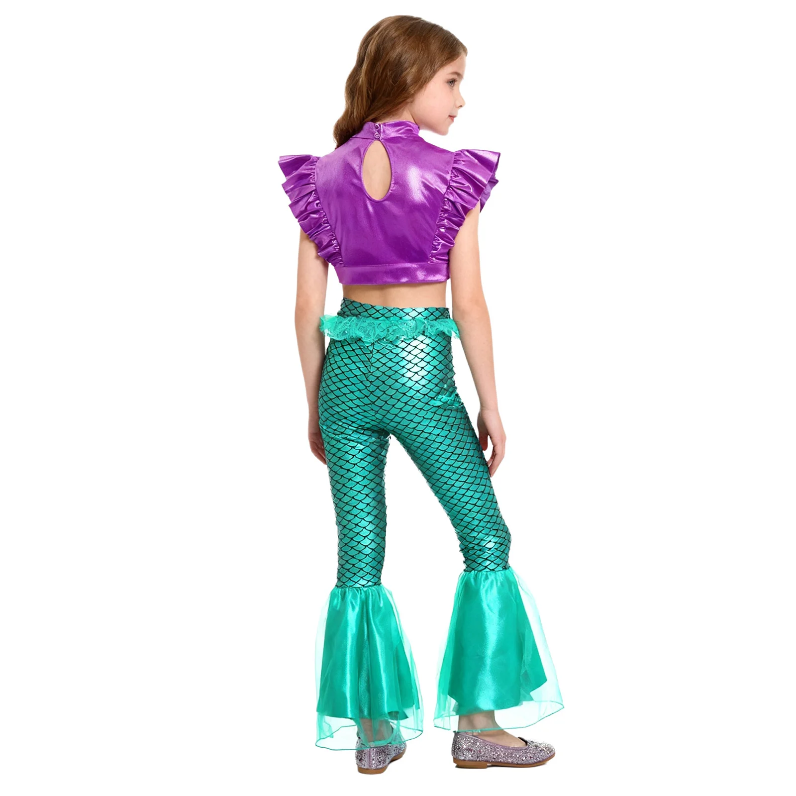 Kids Mermaid Princess Costume Set Girls Rhinestone Ruffle Metallic Crop Tank Tops with Fish Scales Print Bottoms Flared Pants