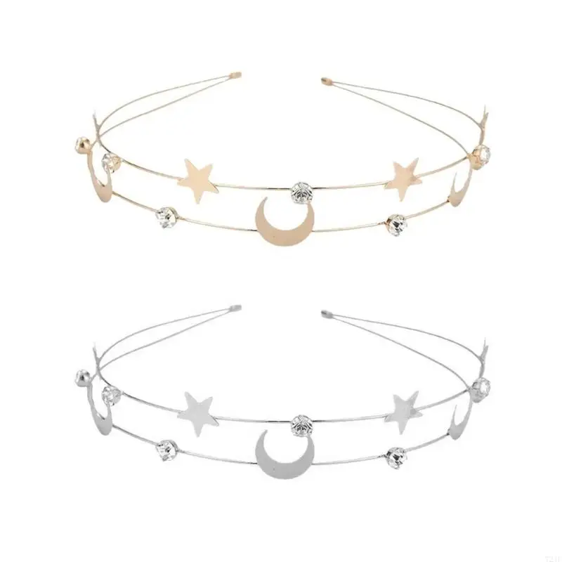 T21F 2PCS Rhinestones Star Moon Headband for Women Teens Party Decorative Crownpiece Sparkling Hairhoop for Music Festival