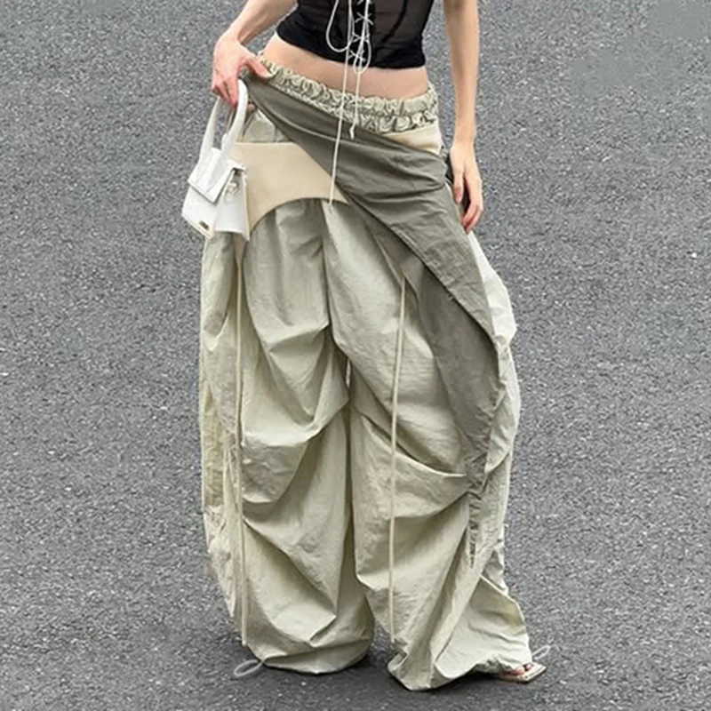 

BIIKPIIK Patchwork Casual Loose Wide Leg Pants Elastic Waist Oversized Streetwear Cargo Pants Trend All-match Woven Pants Summer