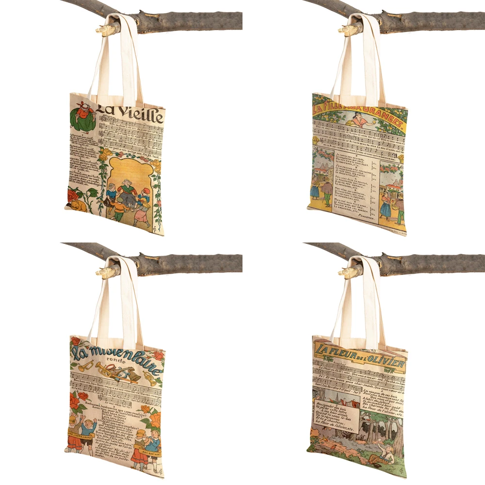 Vintage Newspaper Woman Shoulder Bags Shopper Folding Canvas Tote Designer Handbags Europe Music Printed Travel  Shopping Bag