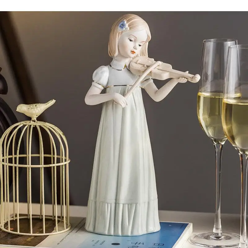 Violinist Girl Cute Figures Statue Desk Decoration Musician Porcelain Crafts Modern Painted Character Ceramic Sculpture