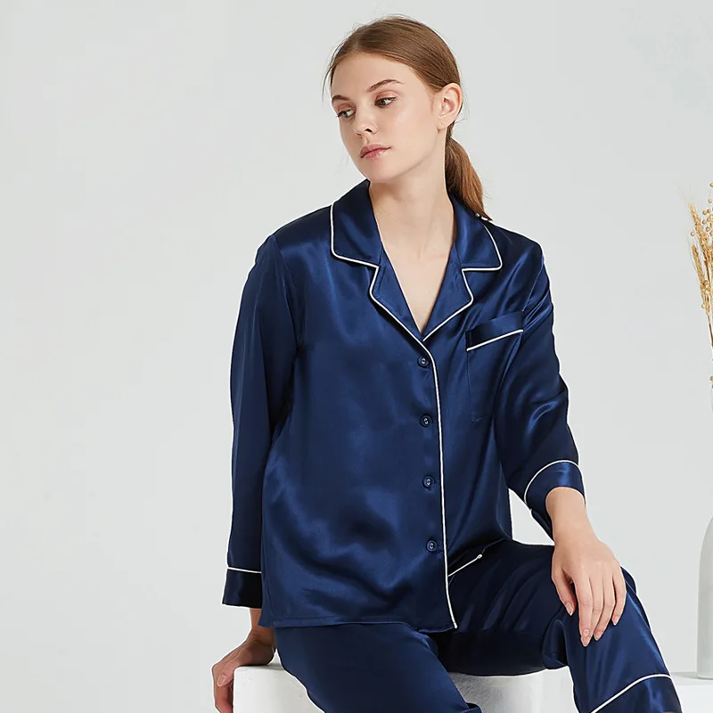 

New 19momme Heavy Silk Pajamas Sets Plain Summer Couple Women