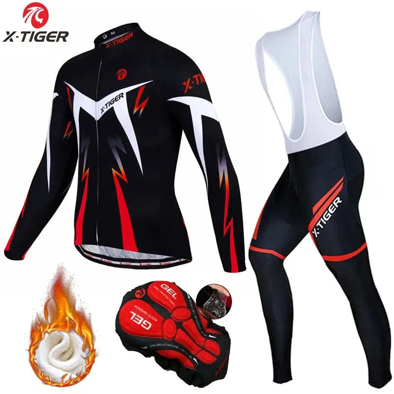 X-Tiger Winter Cycling Jerseys Set Long Sleeve Thermal Fleece Bicycle Clothing Keep Warm Bike Wear Suit Sportswear