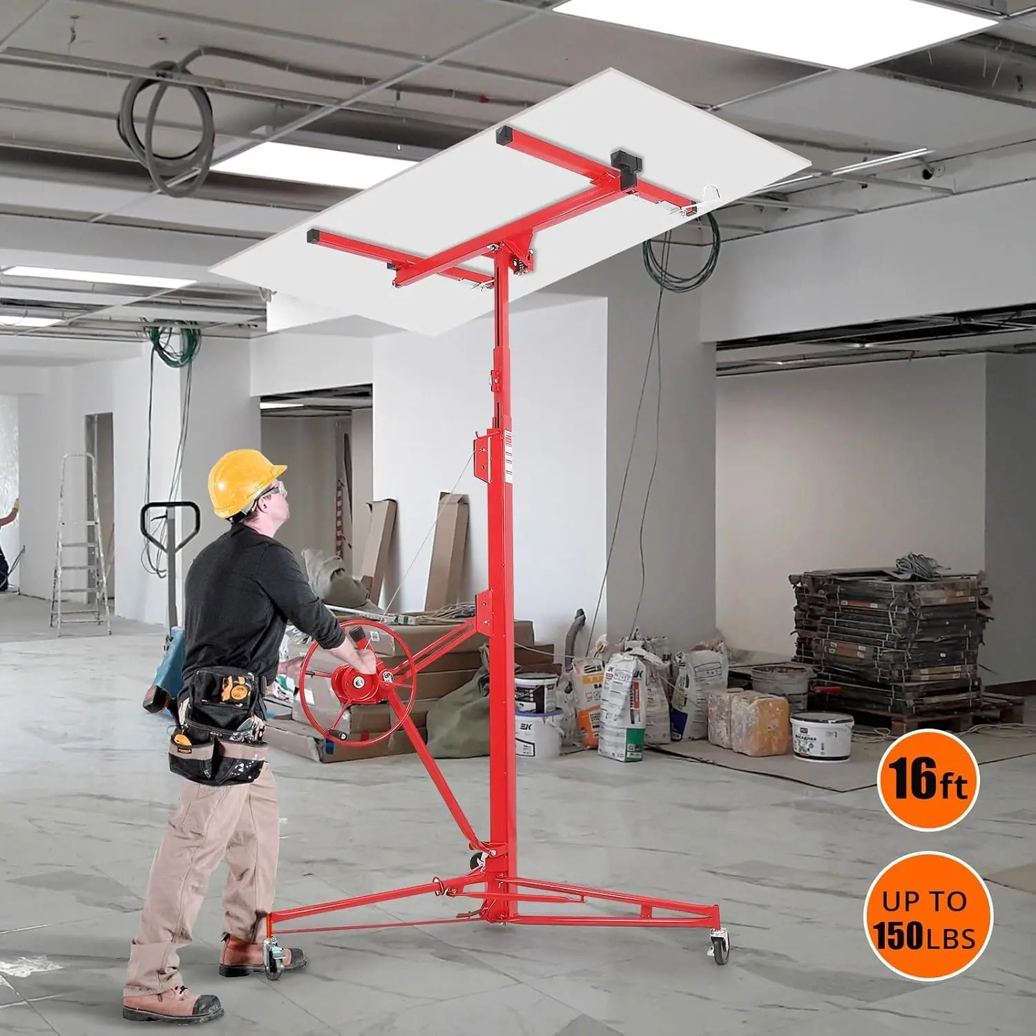 

16 FT Drywall Lift Panel Rolling Hoist Jack Lifter with Lockable Wheels Adjustable Drywall Jack Lift for Home Improvement