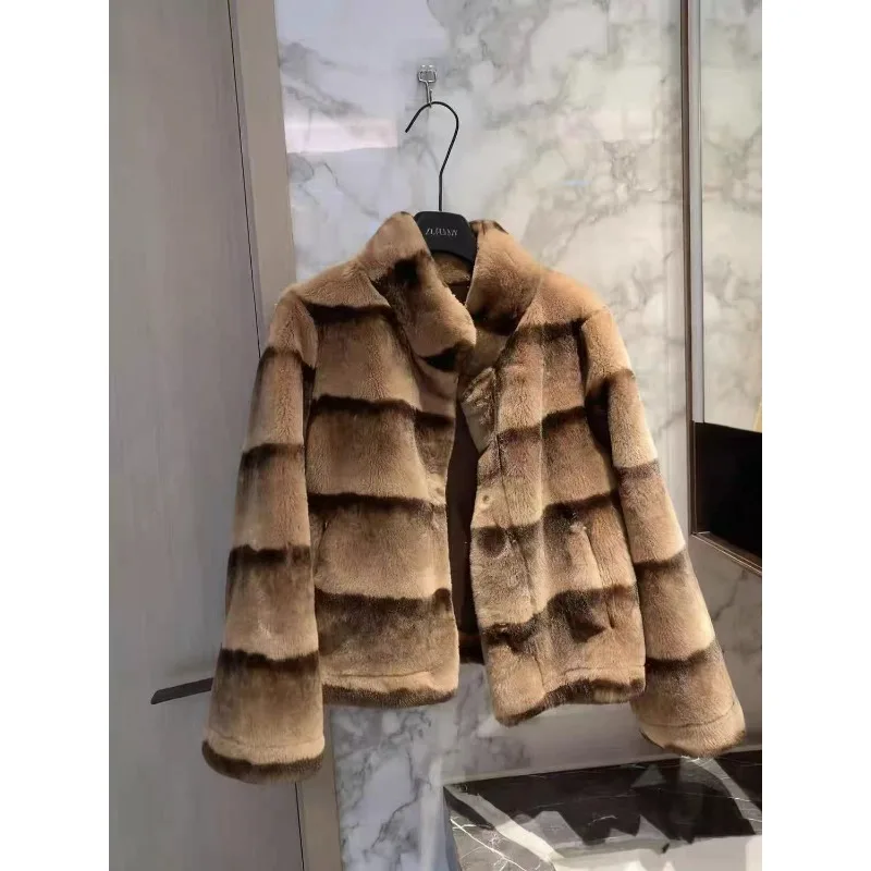 New Women's Winter Faux Fur Coat, A Stand-up Collar, Striped Patchwork Thickened Warm Plush Mid-length Fashionable Beautiful Top