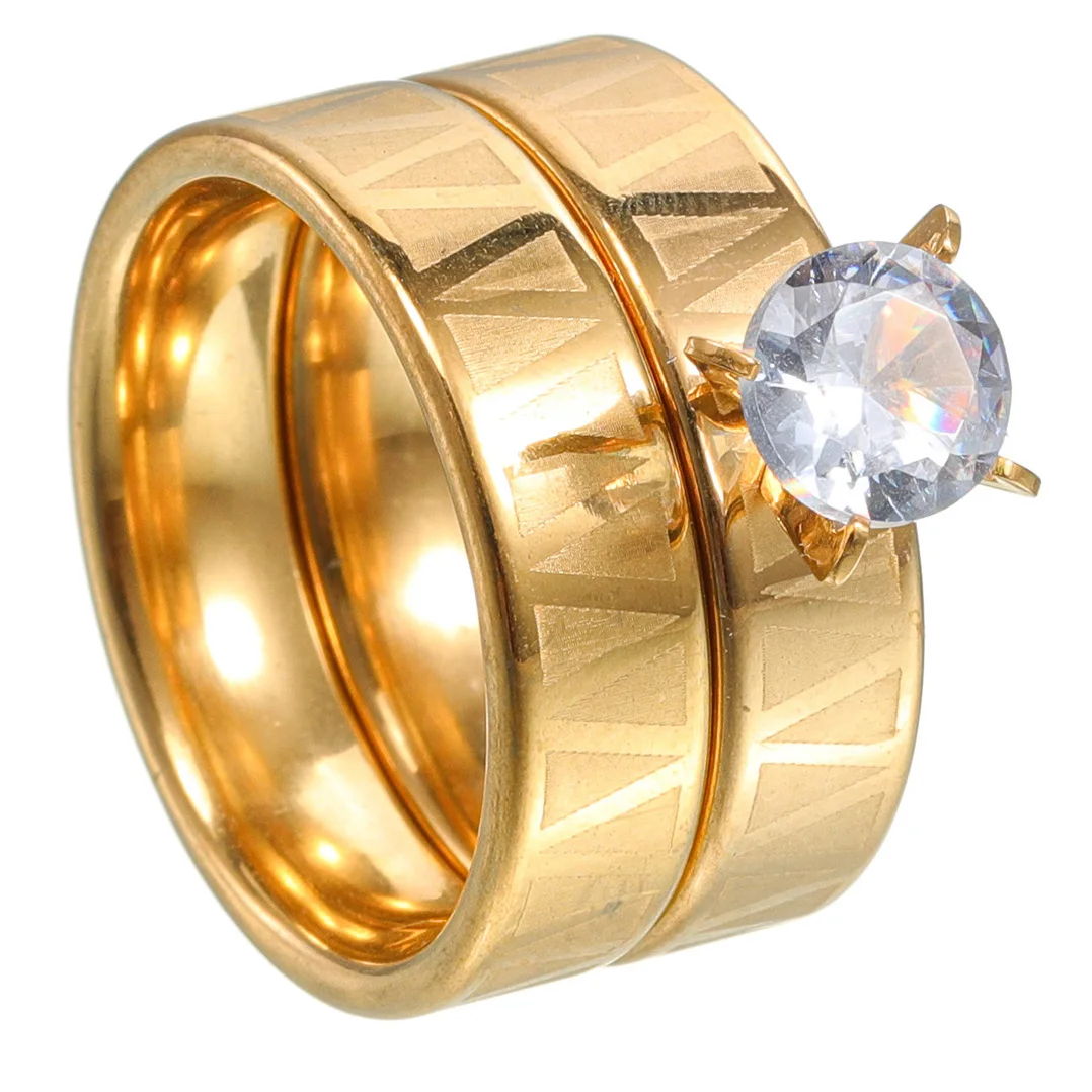Never Fade Simple Gold Color Stainless Steel Engagement Rings for Women Men Elegant Carved Wedding Band Anniversary Gift