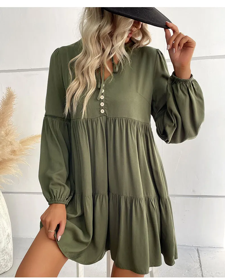 Women Mini Skirts 2023 Summer New Elegant Sexy V-Neck Long Sleeve Dresses Fashion Party Solid Colour Loose Ruffles Ladies Dress