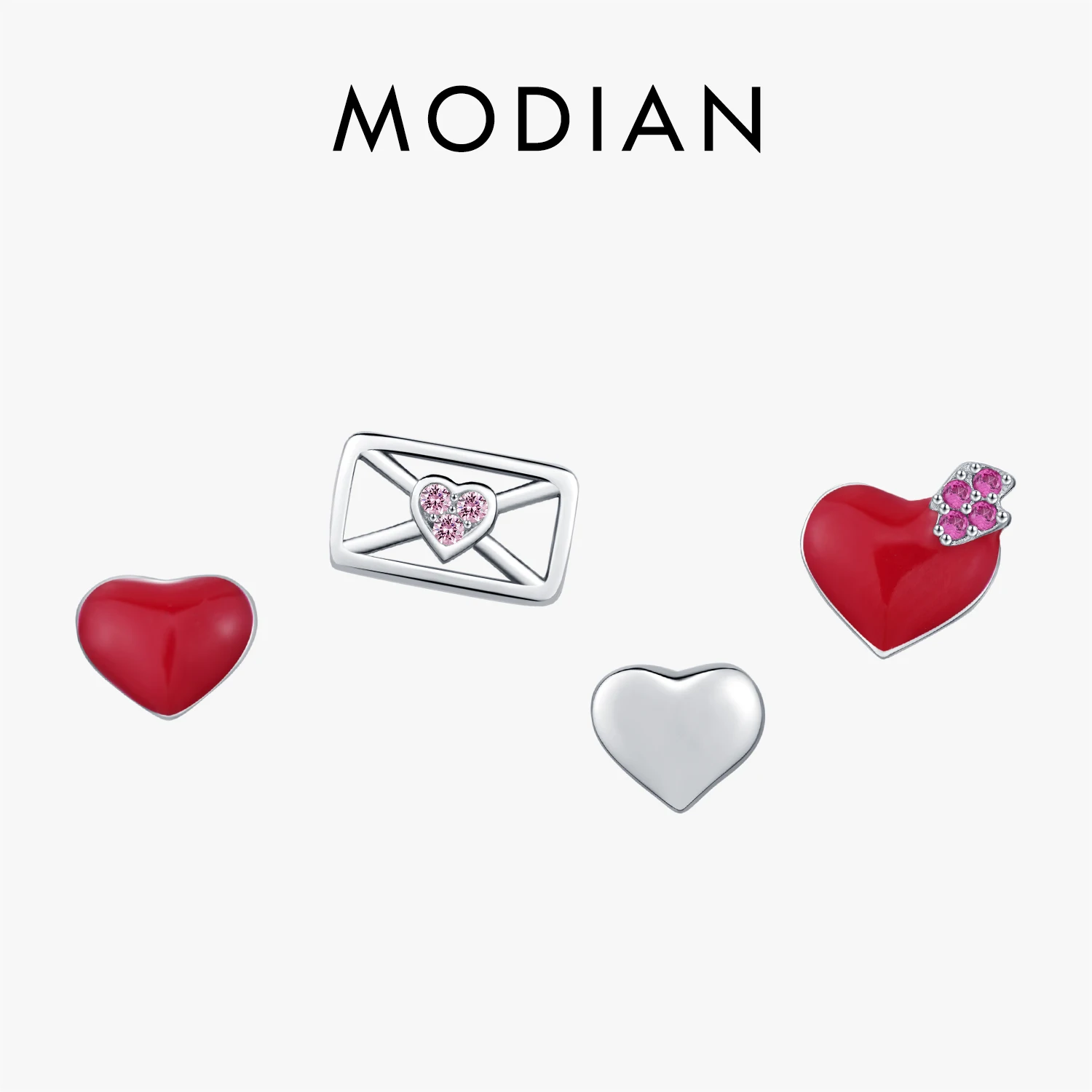 MODIAN 4PCS 925 Sterling Silver Sweet Red & Mirror Heart Love Letter Tiny Earrings Set For Women Fine Jewelry Anniversary Gifts