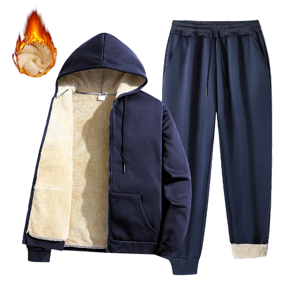 ملابس رياضية رجالية شتوية من صوف امبسوول سترات دافئة بقلنسوة وسحاب + سراويل طويلة سميكة قطيفة طقم مكون من قطعتين ملابس رياضية خارجية للرجال