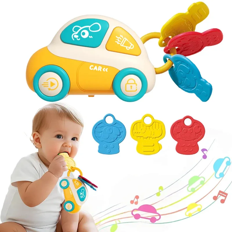 音楽と光付きのベビー歯固めおもちゃ、モンテッソーリ感覚玩具、車の鍵型歯固め、歯が生える時期の痛みを和らげるシリコン製噛むおもちゃ、乳幼児の男の子向け