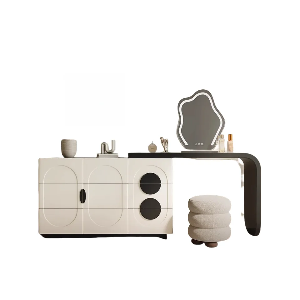 Minimal Black and White Color Scheme Dresser, Solid Wood, Six Cabinets Integrated Bedside Makeup Table, Multi-functional