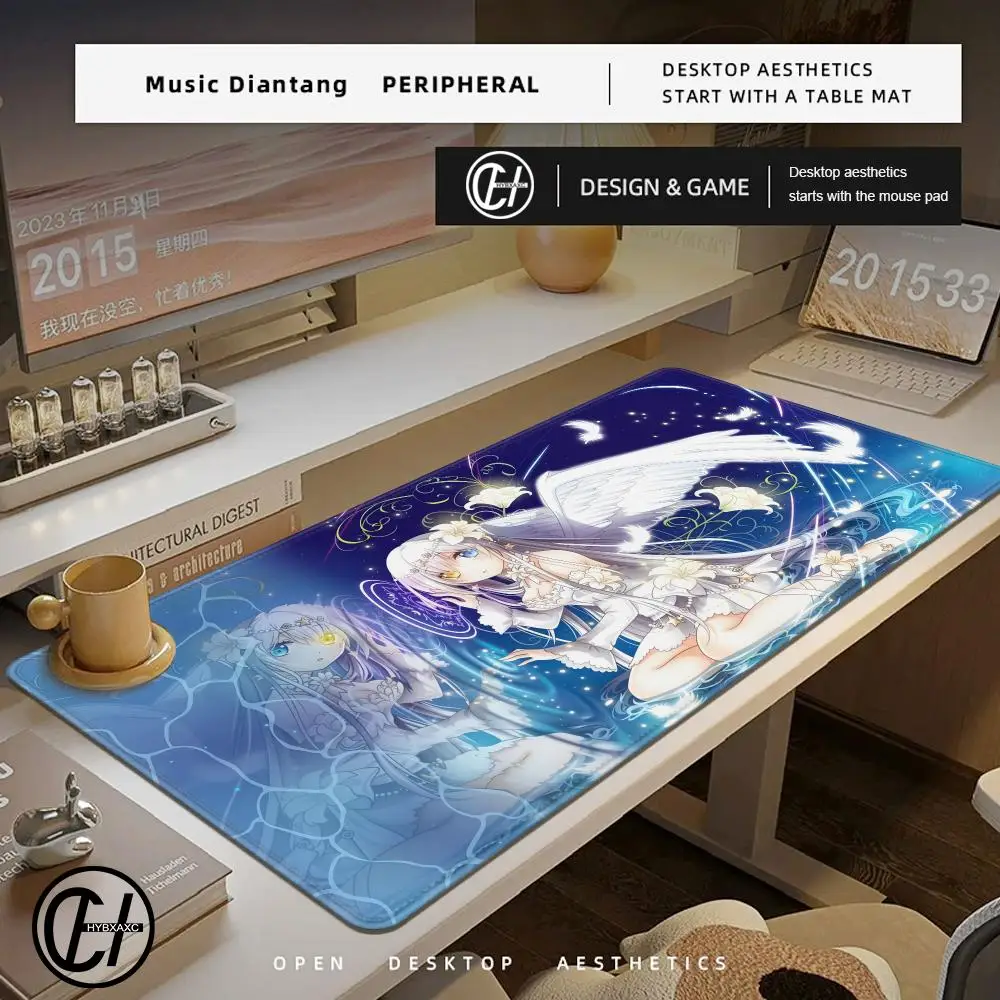 HYBXAXC Starry Angel Anime Girl Mouse Pad Cute HD Desk Pad Extended Gaming Keyboard Mats Large 90x40cm XXL Gamer Mousepad