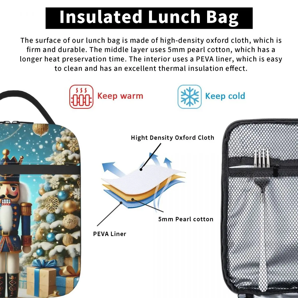 عيد الميلاد كسارة البندق حقيبة الغداء صندوق غداء مدرسي للجنسين مضحك طباعة أكياس الغداء الحرارية مقاوم للماء حقيبة للحفاظ على البرودة مريحة