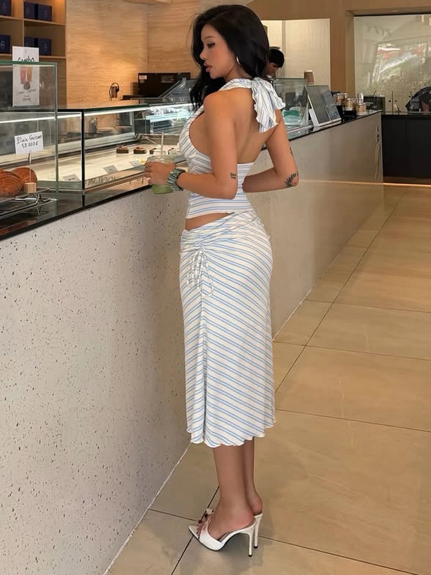 Hugcitar Striped Print 2 Piece Sets V Neck Backless Bandage Sexy Tank Top Shirring Maxi Skirt Women Outfits Beach Vacation - view 5