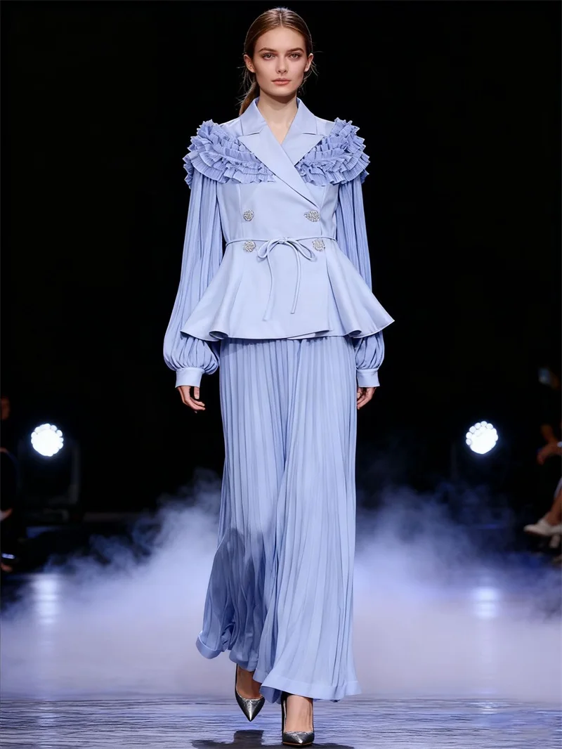 

Light Blue Women Suit Skirt Set 2 Pcs Full Sleeves Blazer+Ruffles Prom Dress Belted Formal Wedding Guest Birthday Evening Robe