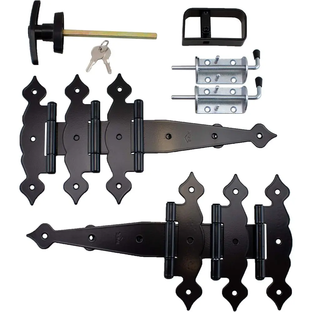 Elegant 8 Decorative Double Door Hinges, Locking T Handle, Heavy Duty Barrel Bolts Kit