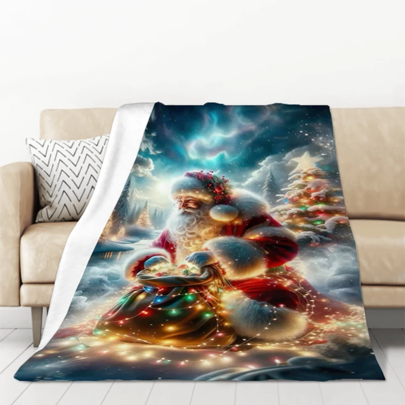 Cute Santa Claus Pine Tree Elk Gift Fleece Blanket for Winter Plaid Blankets Microfiber Bedding Plead Cover Roboca Poly Downy